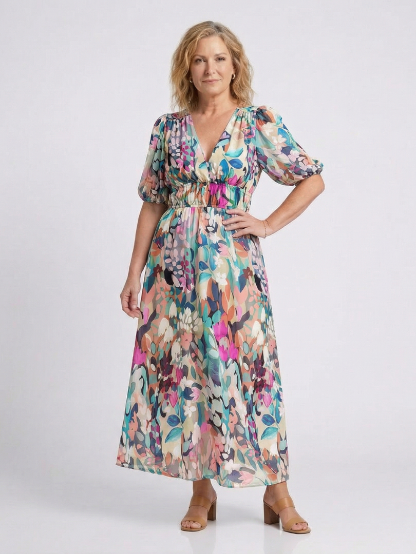 Floral V-neck midi dress with short puff sleeves and gathered waist