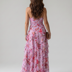 Pink halter-neck floral maxi dress, sleeveless back view with tiered ruffle skirt