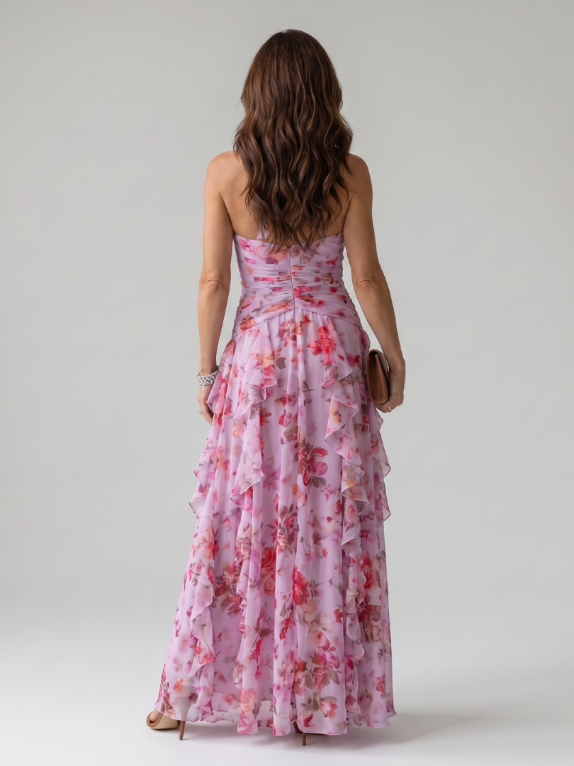 Pink halter-neck floral maxi dress, sleeveless back view with tiered ruffle skirt
