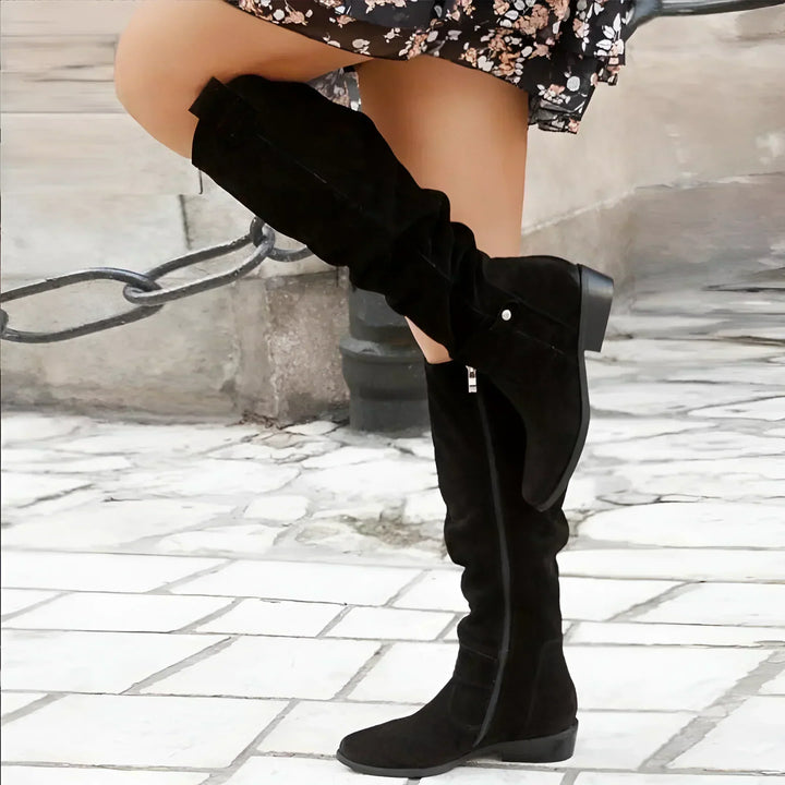 Women's black suede knee-high boots with side tab and low block heel
