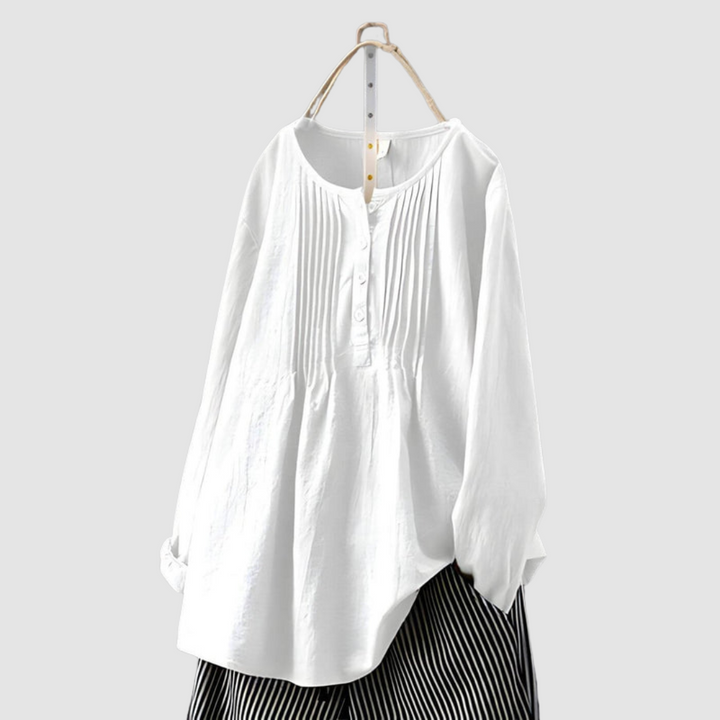 White long-sleeve blouse with button-front placket and pleated yoke detail