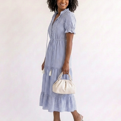 Sky blue striped tiered midi dress with V-neck, puff sleeves and tassel-trim detail