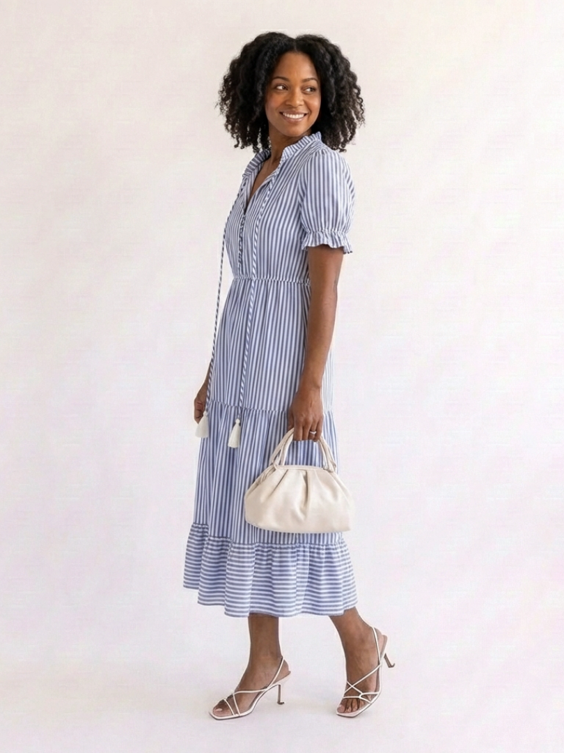 Sky blue striped tiered midi dress with V-neck, puff sleeves and tassel-trim detail