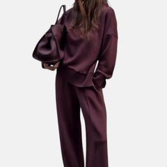 Women's maroon knit lounge set with crewneck sweater and matching jogger pants