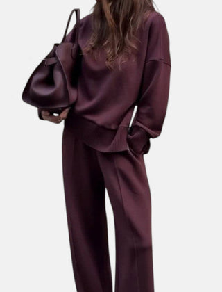 Women's maroon knit lounge set with crewneck sweater and matching jogger pants