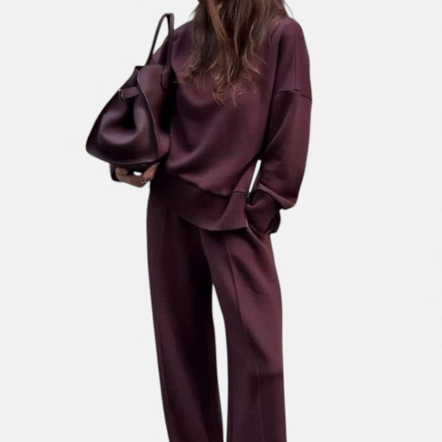Women's maroon knit lounge set with crewneck sweater and matching jogger pants