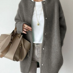Gray round-neck button-front cardigan with long sleeves