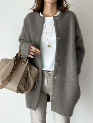 Gray round-neck button-front cardigan with long sleeves