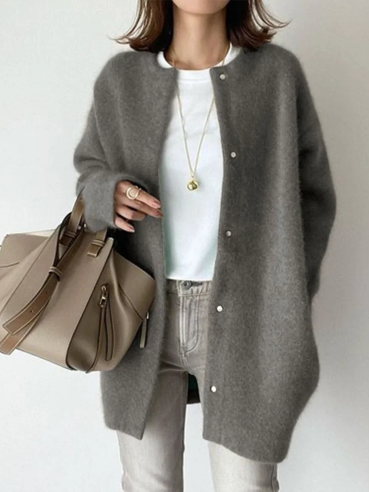Gray round-neck button-front cardigan with long sleeves