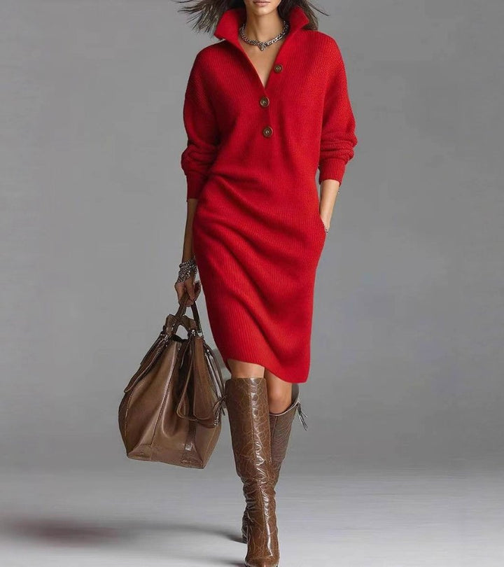 Red cosy knitted midi dress with button-up V-collar and long sleeves