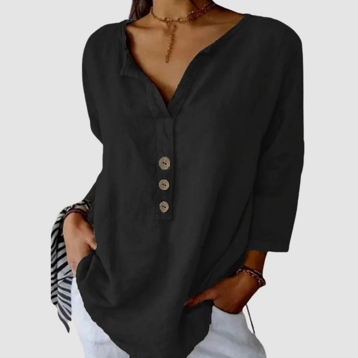 Melisa™ casual cotton-linen blouse, black V-neck with three-button front