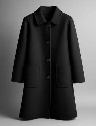 Elio wool coat in black with notched collar, button front, and two patch pockets.