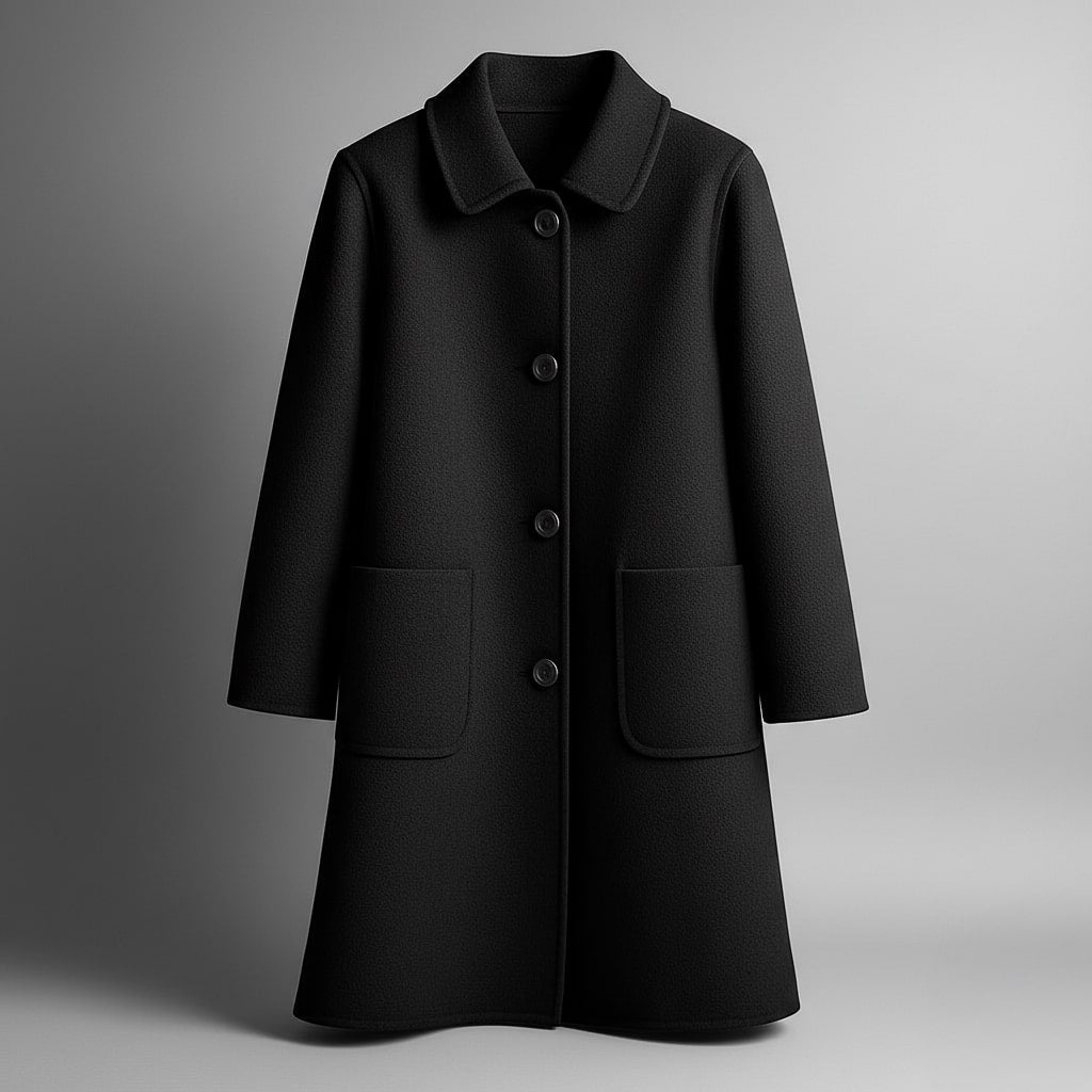 Elio wool coat in black with notched collar, button front, and two patch pockets.