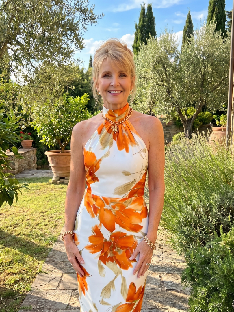 Halter neck floral midi dress in white with orange flower print, sleeveless fitted
