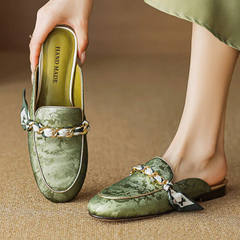 Green genuine leather mules with floral print, braided bow detail, flat slip-on