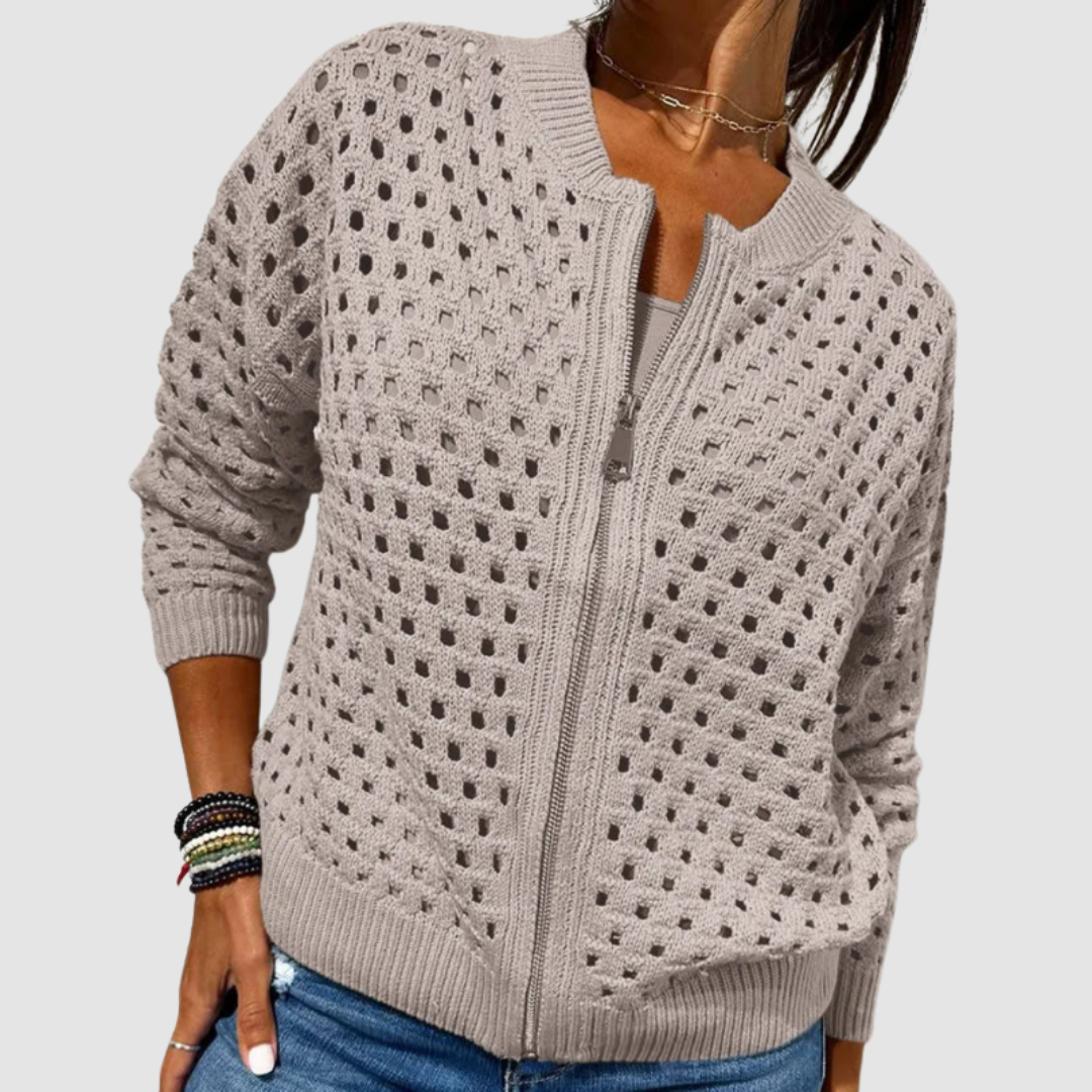 Light beige full-zip knitted cardigan with perforated dot pattern and ribbed cuffs