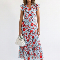 Floral V-neck tiered midi dress with ruffle cap sleeves, light blue base with red flower print