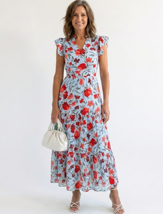 Floral V-neck tiered midi dress with ruffle cap sleeves, light blue base with red flower print