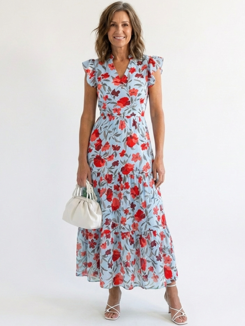 Floral V-neck tiered midi dress with ruffle cap sleeves, light blue base with red flower print