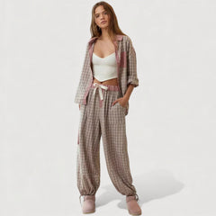 Relaxed pyjama set: pink-and-plaid loose shirt and relaxed drawstring trouser pants
