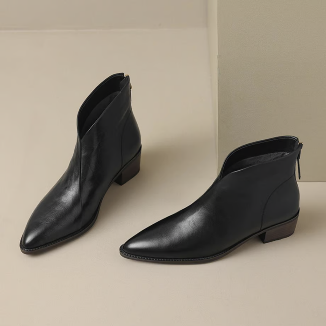 Pair of black leather ankle boots with low block heel and pointed toe