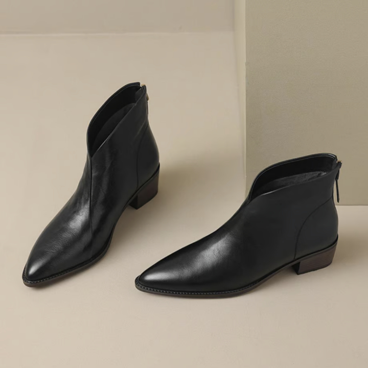 Pair of black leather ankle boots with low block heel and pointed toe
