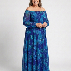 Blue floral off-shoulder maxi dress with elastic neckline and long sleeves