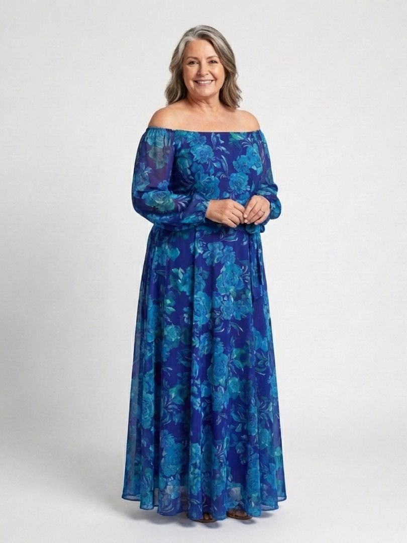 Blue floral off-shoulder maxi dress with elastic neckline and long sleeves