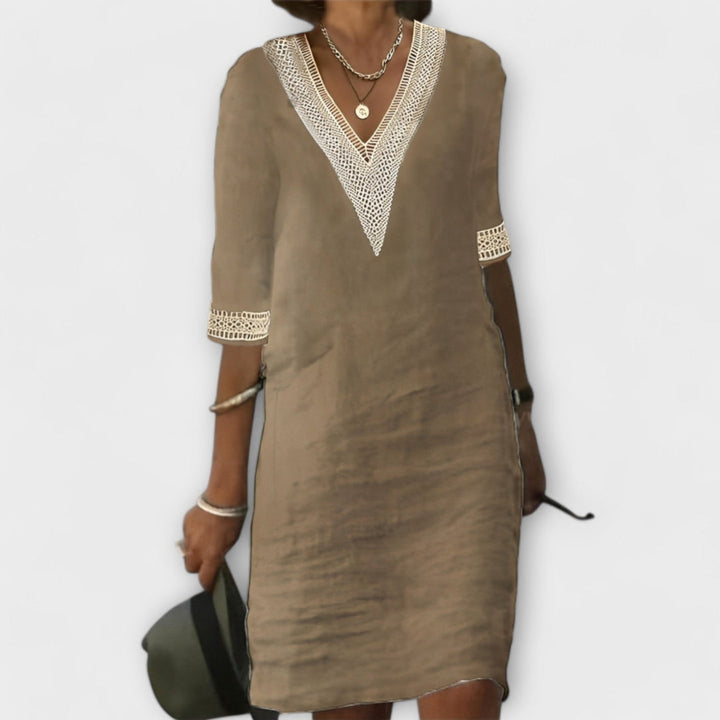 Elegant dress in khaki with V-neck mesh trim and 3/4 sleeves