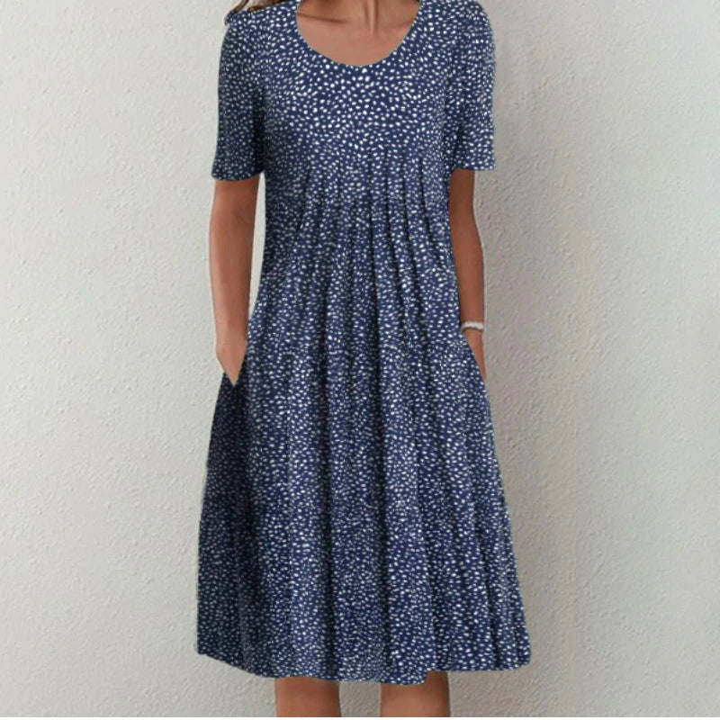 Coverage dress, dark blue with light speckled allover print, short sleeves