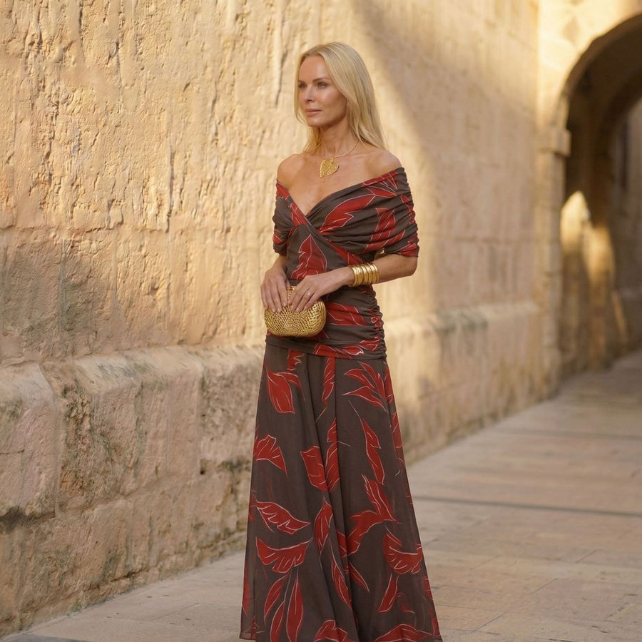 Red leaf-print off-shoulder elegant dress with draped fitted bodice and long skirt