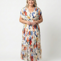 Floral pleated midi dress with short sleeves, V-neck, gathered waist; front view