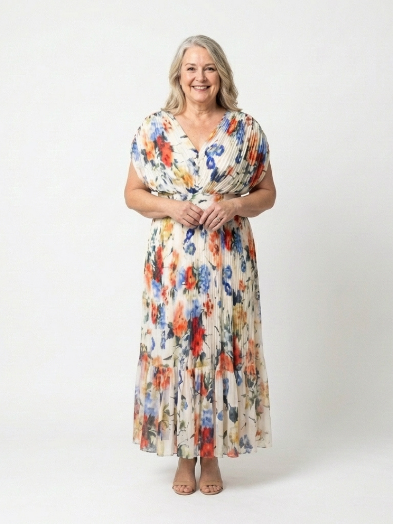 Floral pleated midi dress with short sleeves, V-neck, gathered waist; front view