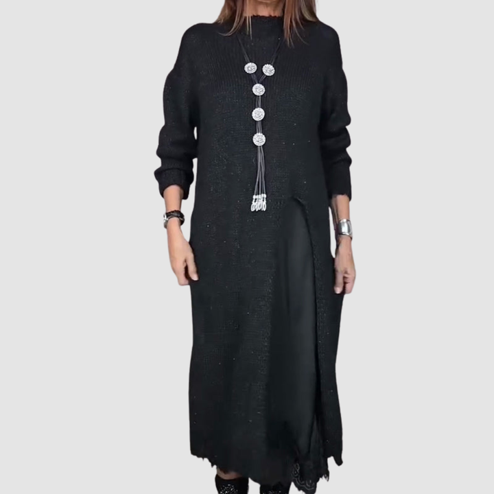 Black knit maxi dress with long sleeves, high neck, side opening, lace-trim hem