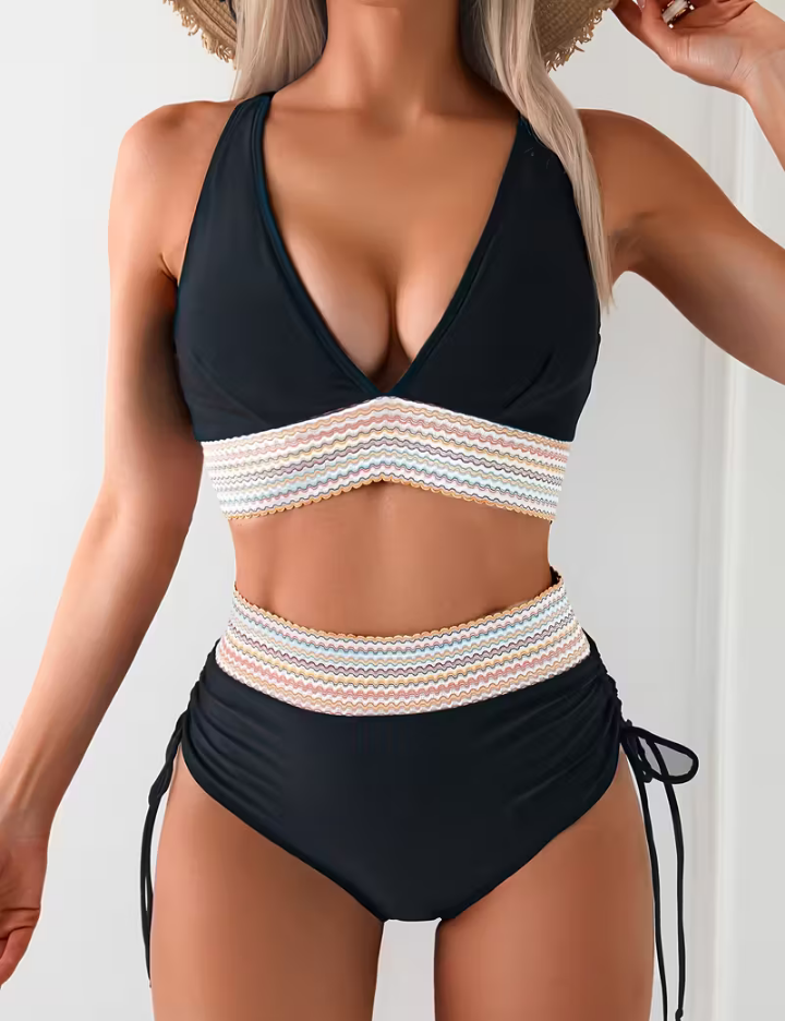 Black bikini set with V-neck top and striped tummy band, tie-side bottoms