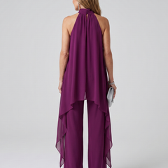 Purple halter-neck asymmetric tunic set with open-back halter and wide-leg pants