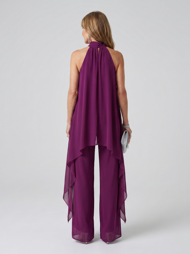 Purple halter-neck asymmetric tunic set with open-back halter and wide-leg pants