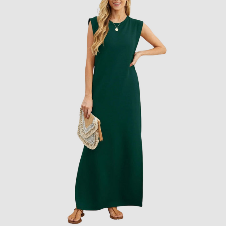 Dark green sleeveless maxi dress with round neckline and small button detail