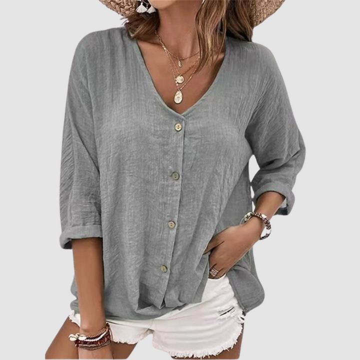 Gray button-front breathable blouse with V-neck and three-quarter sleeves