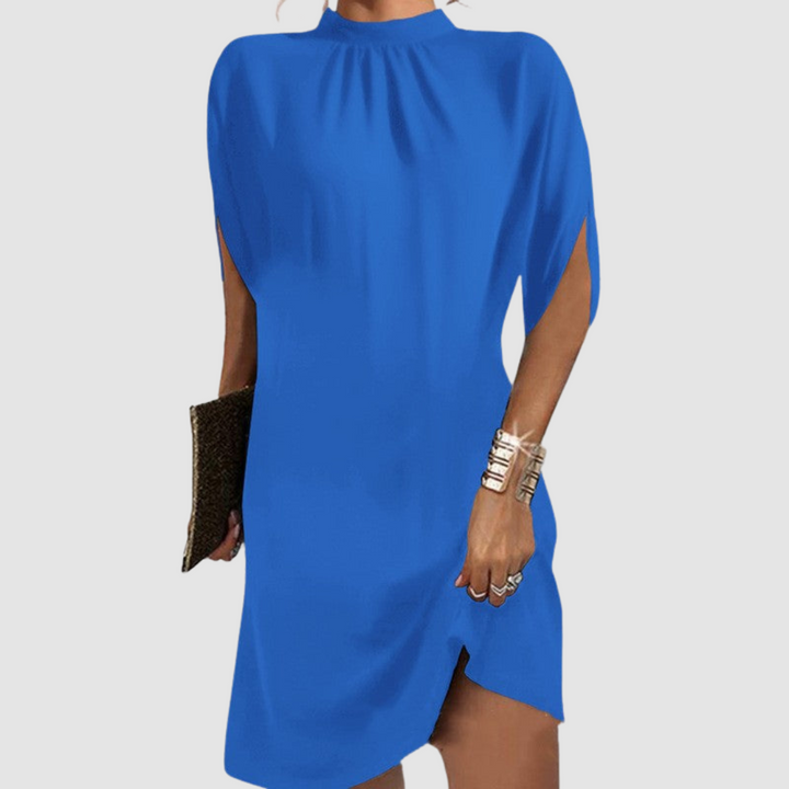 Blue short sleeve dress with high gathered neckline and side slit at hem