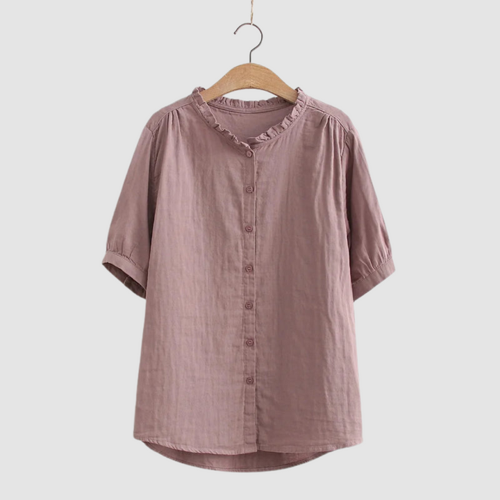 Megan™ lightweight cotton shirt in pinkish purple, short sleeves, button-front, ruffled round neck.