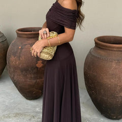 Dark plum off-shoulder ruched maxi dress with draped shoulder detail and long skirt