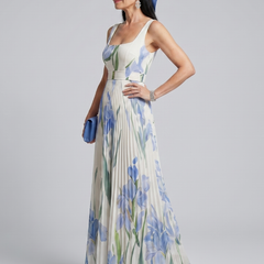 White sleeveless square-neck midi dress with blue flower and green leaf print
