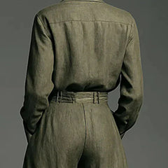 Army green button-back shirt and belted wide-leg pants set, back view