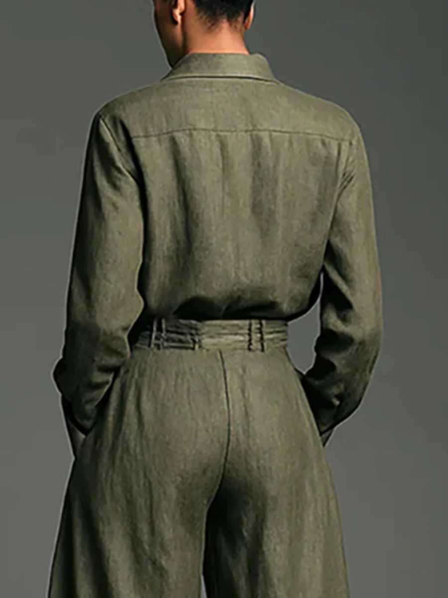 Army green button-back shirt and belted wide-leg pants set, back view