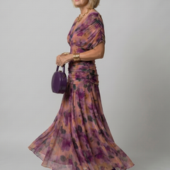 Purple floral off-shoulder flow midi dress, short sleeves, gathered waist detail