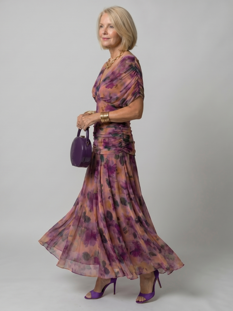 Purple floral off-shoulder flow midi dress, short sleeves, gathered waist detail