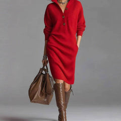 Warm knit button-front dress, red, long sleeves, collared neckline