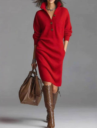 Warm knit button-front dress, red, long sleeves, collared neckline
