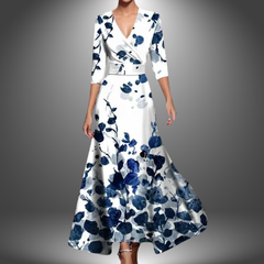 White and blue floral long dress with V-neck wrap, 3/4 sleeves, flared skirt
